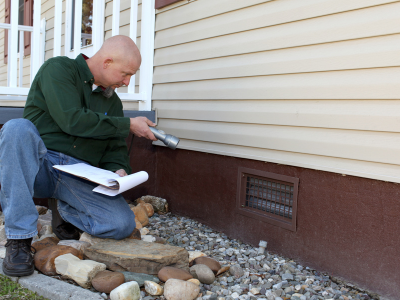 Close-up of a house foundation being inspected for cracks