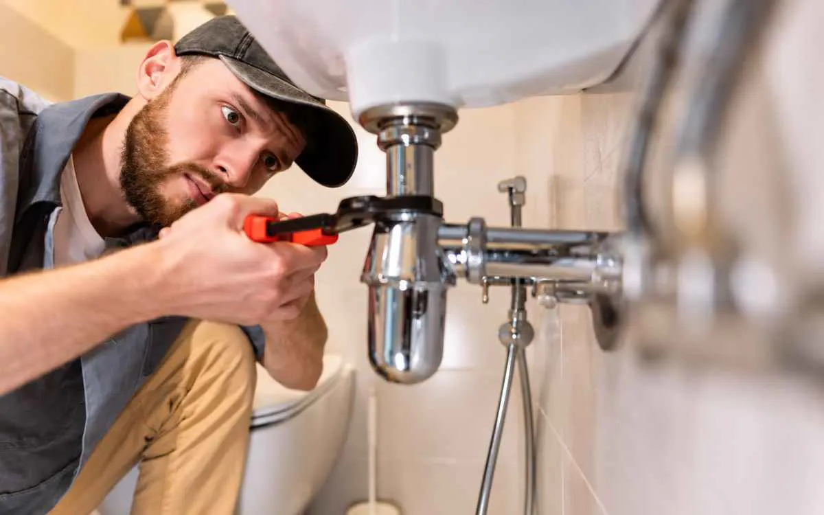 Man fixing a pipe in the lavatory